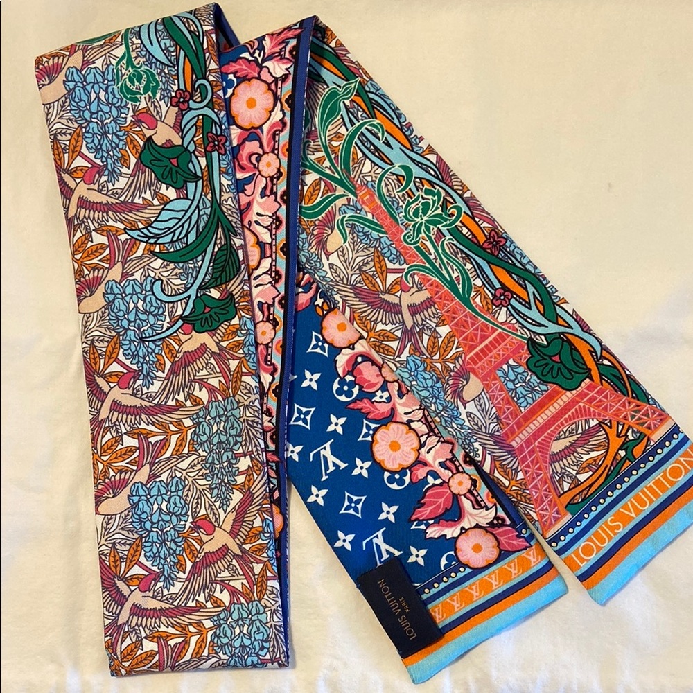 Louis Vuitton Bandeau Colorful Silk Scarf with Floral and Paris Design